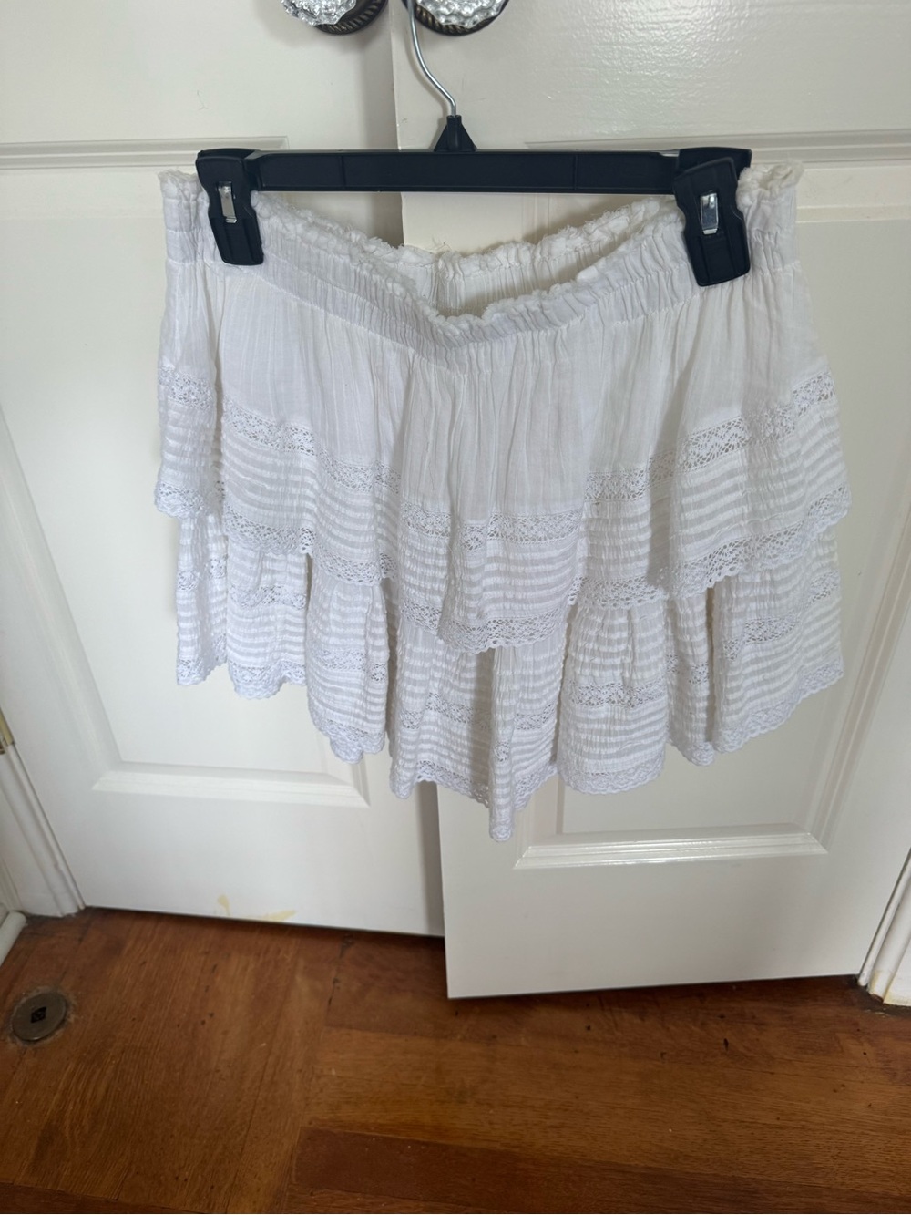 LoveShackFancy White Tiered Lace Mini Skirt